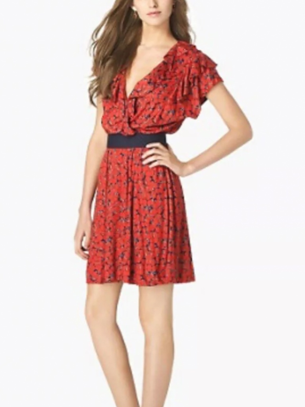 JUICY COUTURE CHERRY PRINT RUFFLE V Neck Faux Wrap DRESS w/ BELT Red Navy Blue S